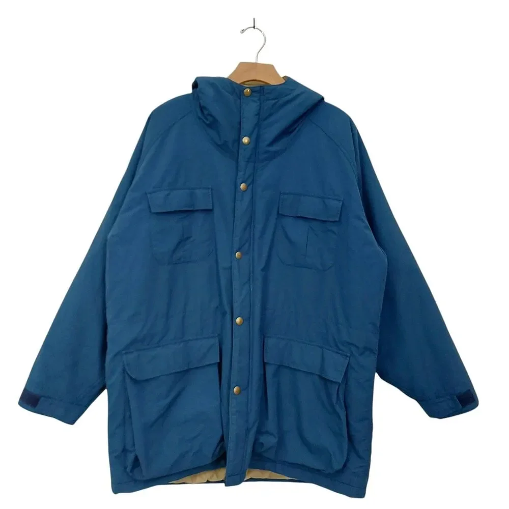 Vintage Woolrich Jacket Large Blue Hooded Full Zip Snap Insulated Nylon Outdoor